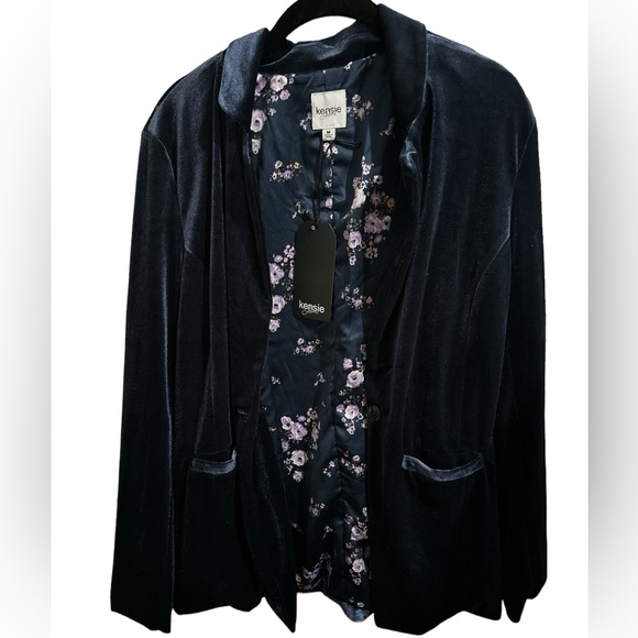 Kensie Blue Velvet Buttoned Blazer Size M floral lining - Picture 1 of 2